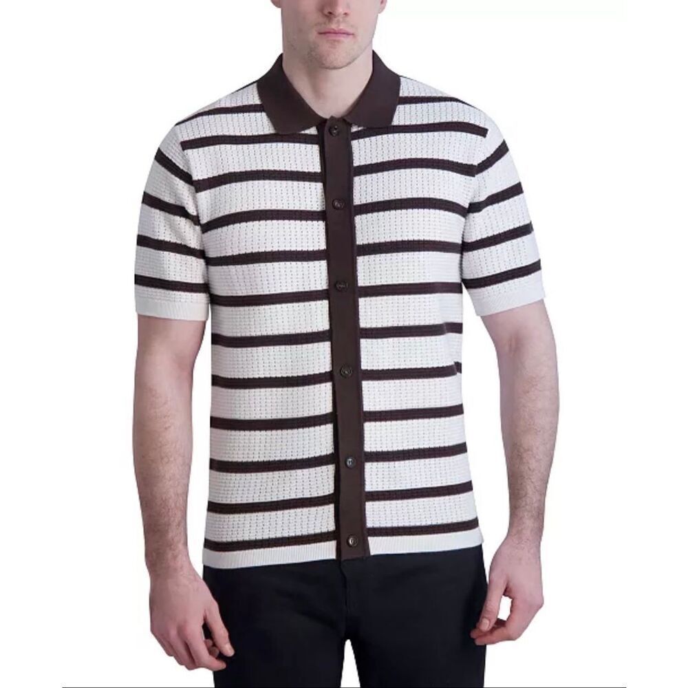 KARL LAGERFELD PARIS Slim-Fit Stripe Textured Sweater-Knit Button-Down Polo Shir